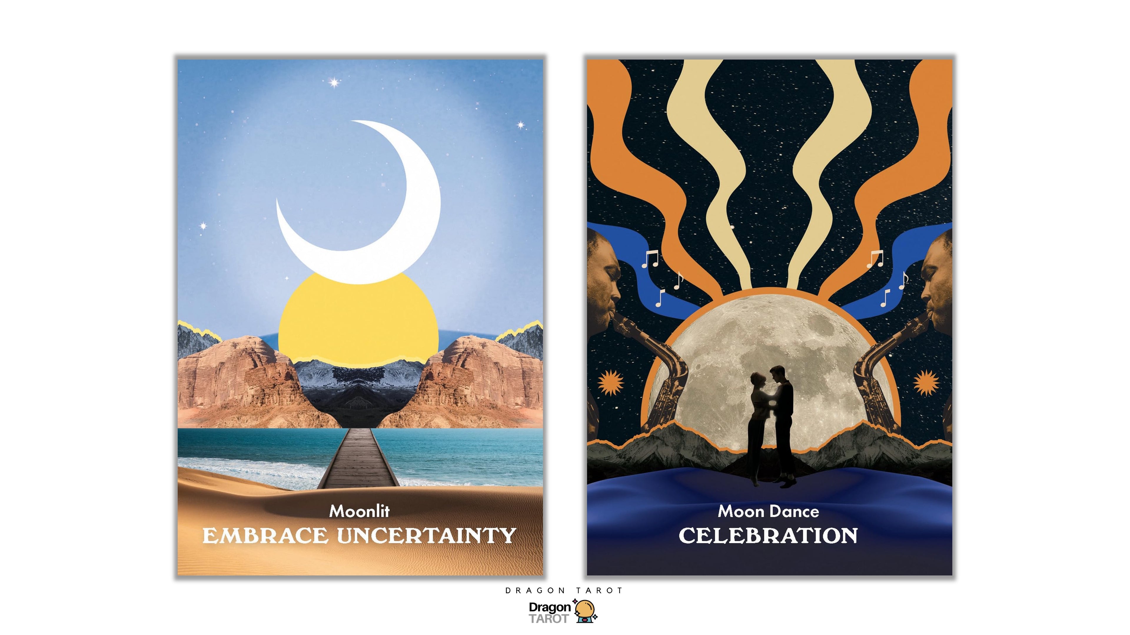 Two vertical art prints side by side on a white background. The left print has a blue sky, crescent moon, yellow sun, and desert canyon landscape with the text 'Moonlit EMBRACE UNCERTAINTY'.