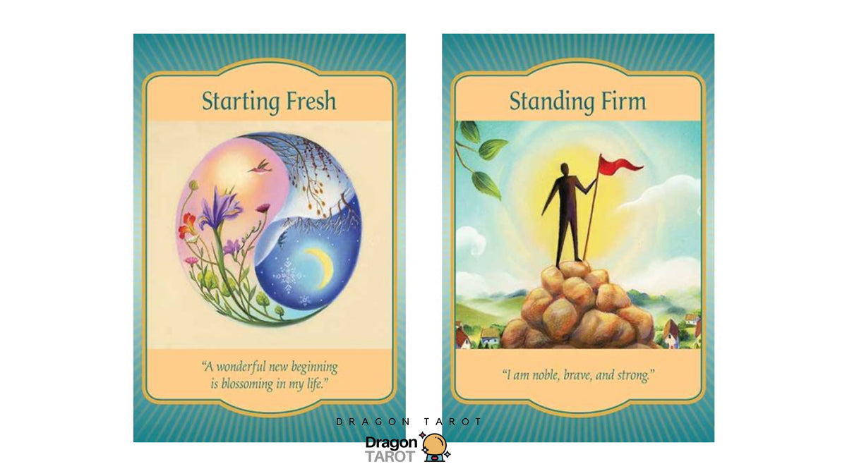 Two Dragon Tarot cards displayed side by side on a white background. The left card is titled 'Starting Fresh' with a pastel yin-yang style illustration of a globe and the quote, 'A wonderful new beginning is blossoming in my life.