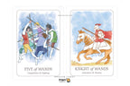 Two illustrated tarot cards shown side by side on a white background: 'Five of Wands' on the left with figures fighting with staffs, and 'Knight of Wands' on the right with a knight on a horse. The cards have a soft blue watercolor background and the Dragon Tarot logo appears below.