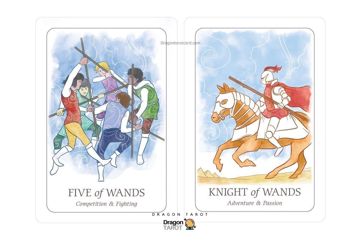 Two illustrated tarot cards shown side by side on a white background: 'Five of Wands' on the left with figures fighting with staffs, and 'Knight of Wands' on the right with a knight on a horse. The cards have a soft blue watercolor background and the Dragon Tarot logo appears below.