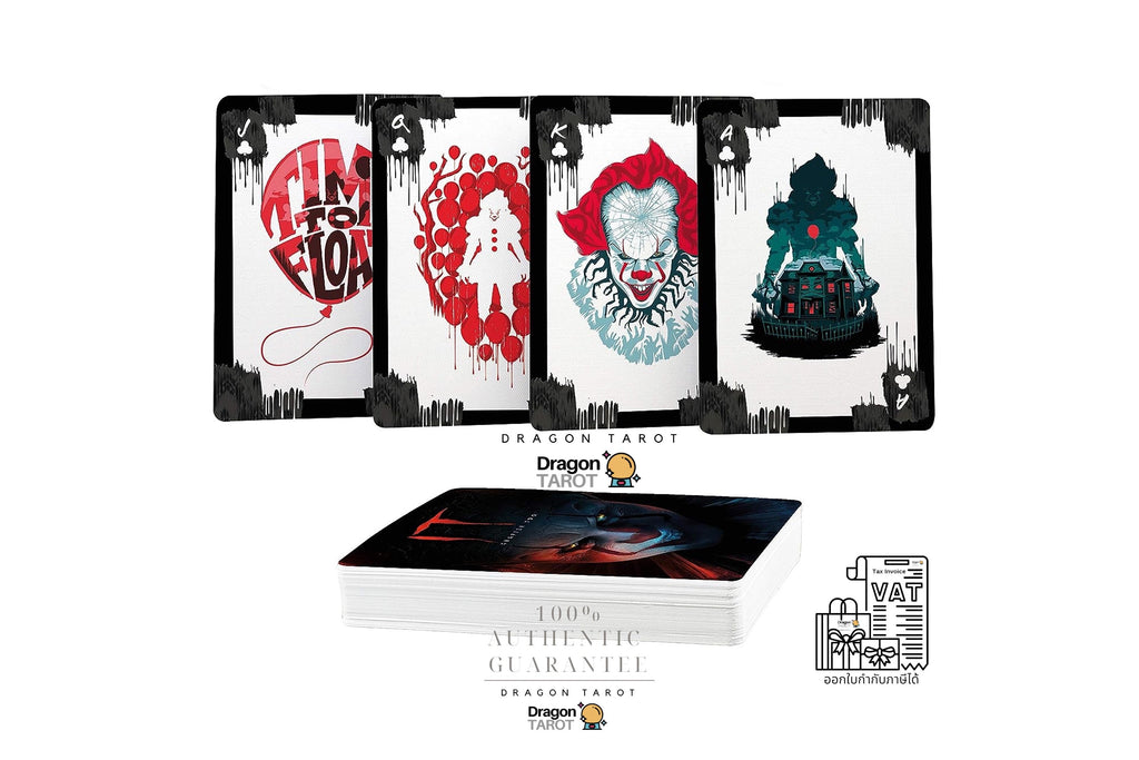Dragon Tarot card deck set displayed on a white background, featuring three illustrated cards with red, white, and blue fantasy artwork, a stack of cards below, and branding text including '100% Authentic Guarantee' and a small shopping bag icon.