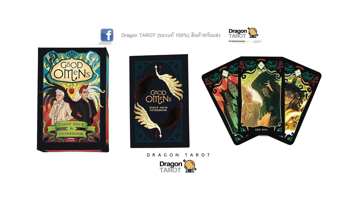 Dragon Tarot Oracle Cards set shown with its box, a single card back, and three fanned cards on a white background with social media and brand text.