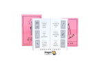 Dragon Tarot deck packaging shown on a white background, featuring pink illustrated cards and a central white card with black text and small gray boxes. The Dragon Tarot logo is visible at the bottom.