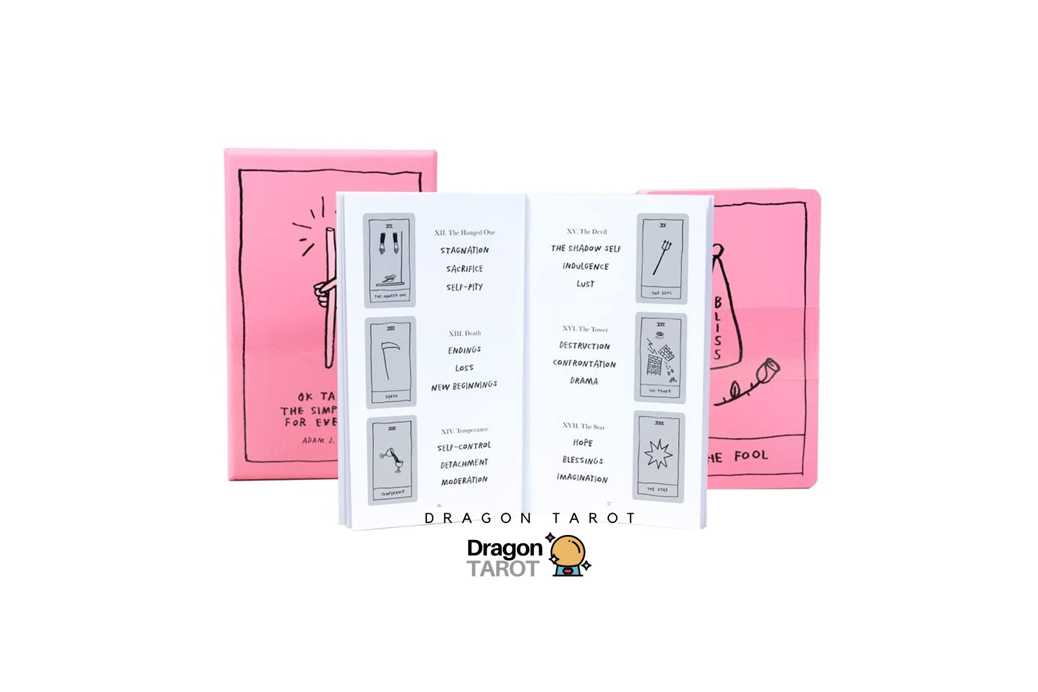 Dragon Tarot deck packaging shown on a white background, featuring pink illustrated cards and a central white card with black text and small gray boxes. The Dragon Tarot logo is visible at the bottom.