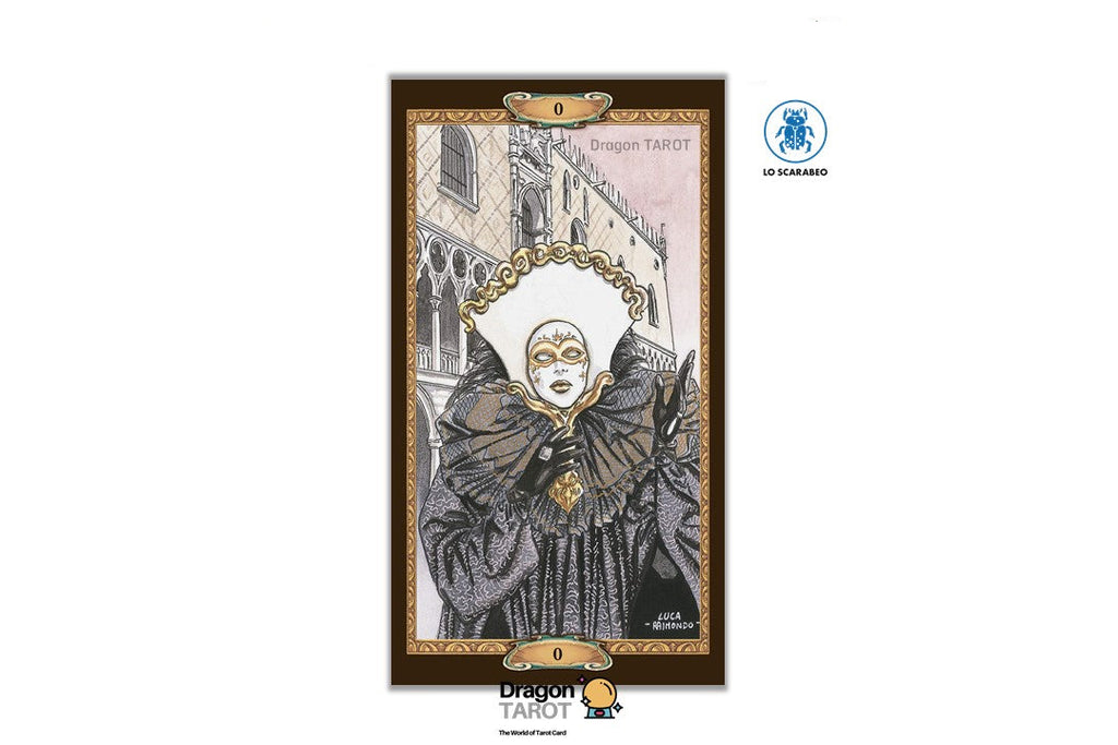Dragon Tarot card featuring a black and white illustration of a historical figure in a mask, with gold accents and a dark brown border, shown on a white background with brand logos.