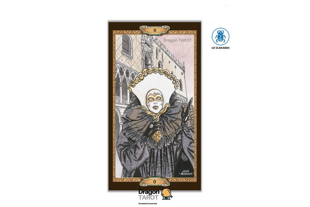 Dragon Tarot card featuring a black and white illustration of a historical figure in a mask, with gold accents and a dark brown border, shown on a white background with brand logos.