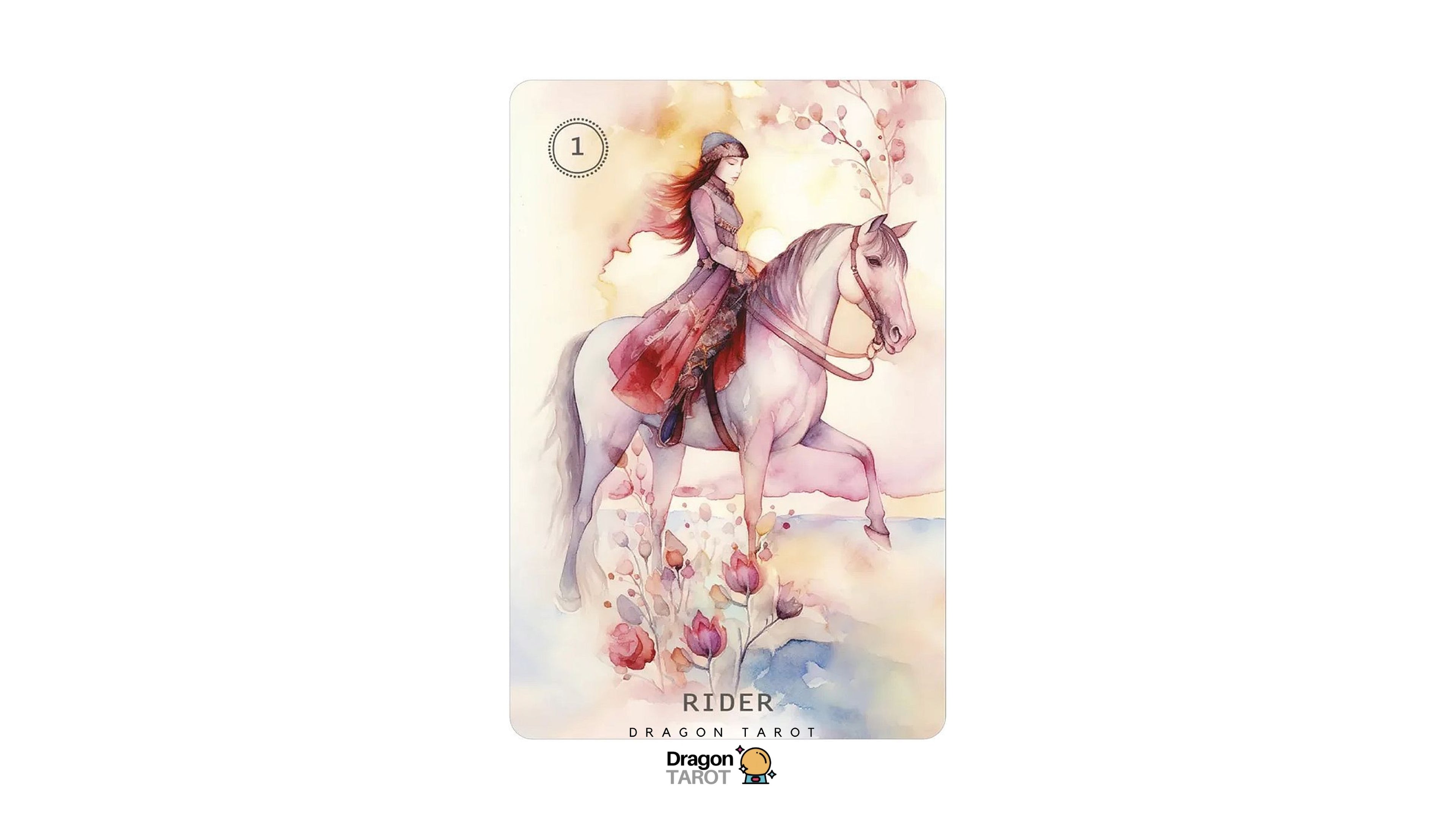 A Rider Dragon Tarot card featuring an illustration of a woman riding a pale horse with pink and red flowers, shown centered on a white background with the Dragon Tarot logo below.
