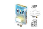 A boxed tarot card product shown on a white background with multiple brand logos and promotional text. The main subject is the product box, which appears to be a Dragon Tarot card deck box with a blue-to-white gradient design and small printed card imagery.