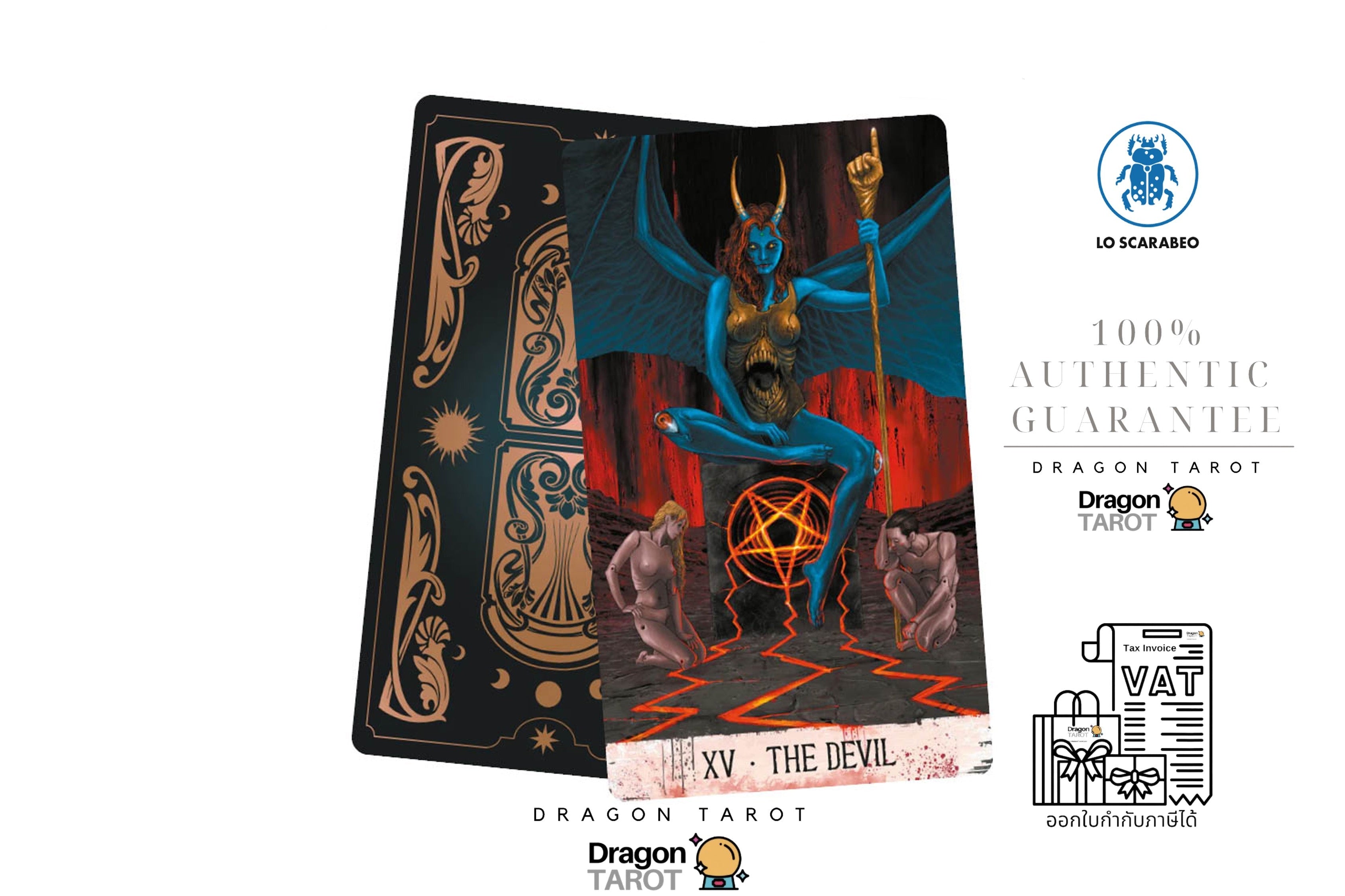 Dragon Tarot card deck packaging and a sample card featuring 'XV - The Devil' illustration, shown on a white background with brand logos, social media icons, and authenticity guarantees.