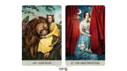 Two illustrated tarot-style cards shown side by side on a white background. The left card is labeled VIII Strength and depicts a woman in a yellow dress embracing a large brown bear in a forest scene.