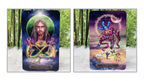 Two illustrated tarot-style cards shown side by side against a forest and white faux-fur backdrop. The left card depicts 'The Magician' with a green globe and gold chalice; the right card depicts 'The Fool' with a blue figure and mountain scene.