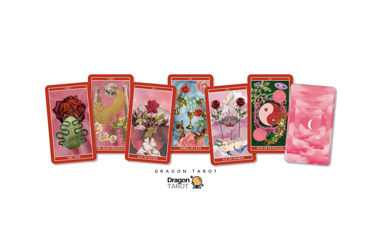 Six illustrated tarot cards with red borders are arranged on a white background, alongside a pink card back and Dragon Tarot branding with Facebook and a small Dragon Tarot icon.