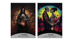 Two illustrated tarot-style cards shown side by side on a plain white background. The left card reads '4 + The Mother' with a dark, fiery scene featuring a hooded figure holding a glowing heart.