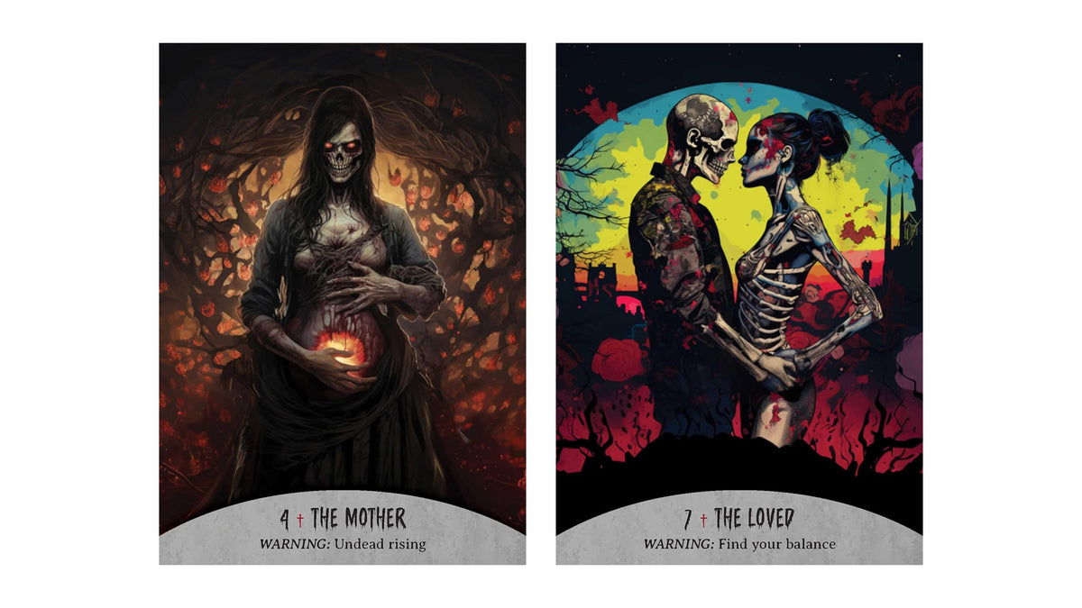 Two illustrated tarot-style cards shown side by side on a plain white background. The left card reads '4 + The Mother' with a dark, fiery scene featuring a hooded figure holding a glowing heart.