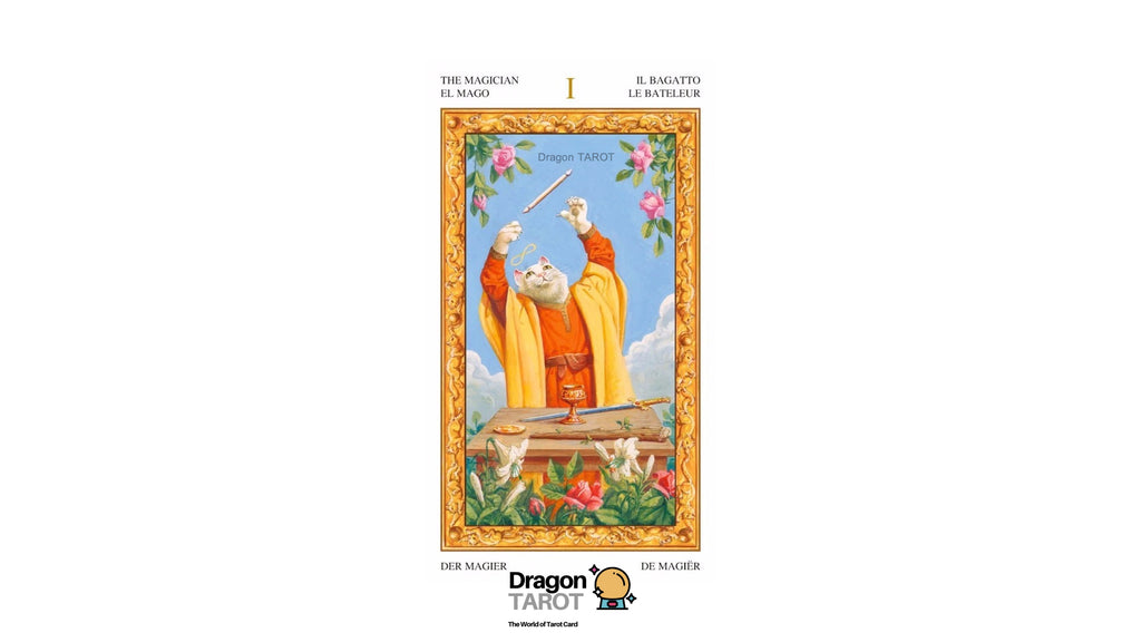 Dragon Tarot card 'The Magician' from Volume I, featuring a colorful illustration of a white cat dressed in a yellow robe and holding a wand, framed by a gold border on a white background with the Dragon Tarot logo at the bottom.