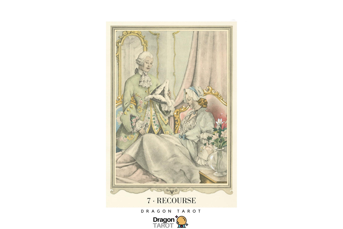 A Dragon Tarot card titled '7. Recourse' featuring an illustration of two historical figures in ornate clothing, one seated and one standing, with a cream background and decorative border.