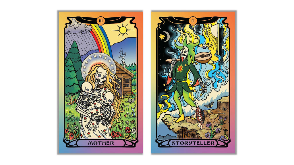 Two illustrated tarot-style cards shown side by side on a plain white background. The left card is labeled "MOTHER" and depicts a skeleton mother holding a skeleton child under a rainbow and moonlit sky.
