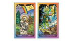 Two illustrated tarot-style cards shown side by side on a plain white background. The left card is labeled "MOTHER" and depicts a skeleton mother holding a skeleton child under a rainbow and moonlit sky.