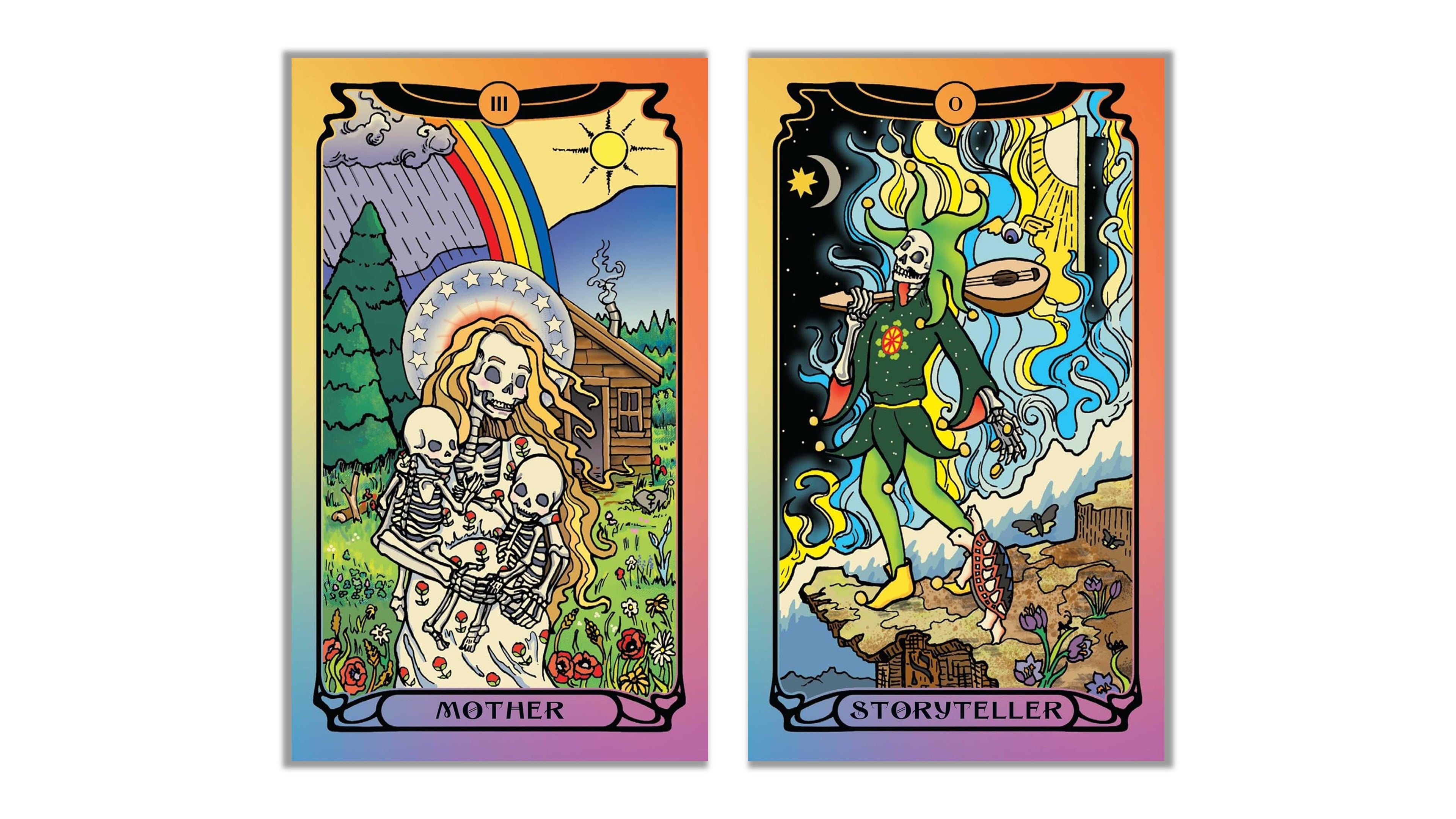 Two illustrated tarot-style cards shown side by side on a plain white background. The left card is labeled "MOTHER" and depicts a skeleton mother holding a skeleton child under a rainbow and moonlit sky.