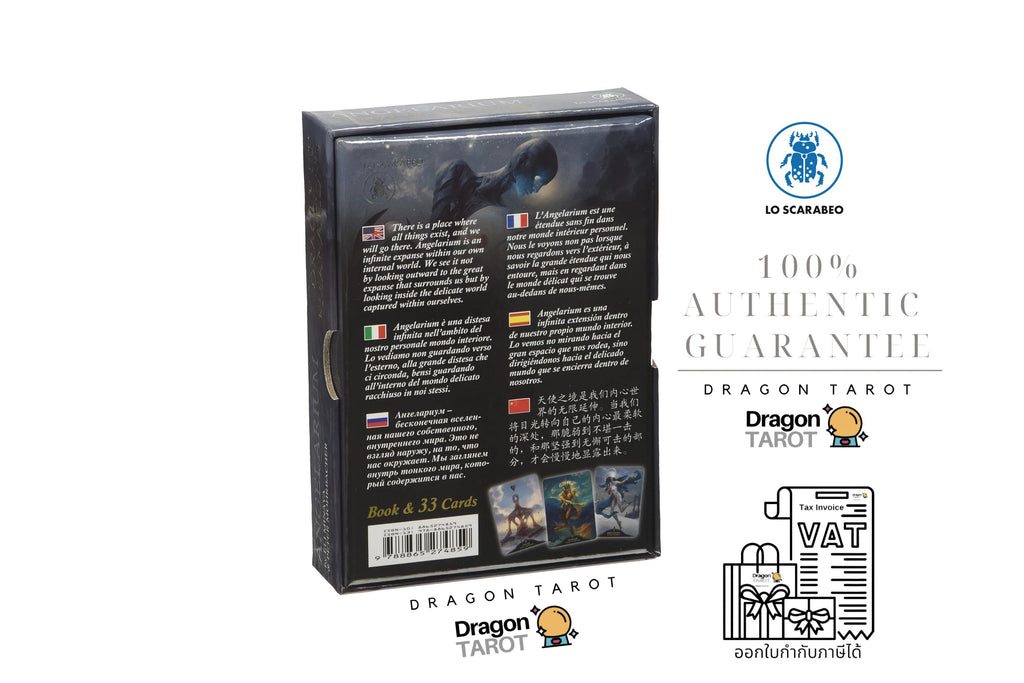 Dragon Tarot deck box shown from the back on a white background, with brand logos, a '100% Authentic Guarantee' badge, social media icons, and VAT receipt graphics around it.
