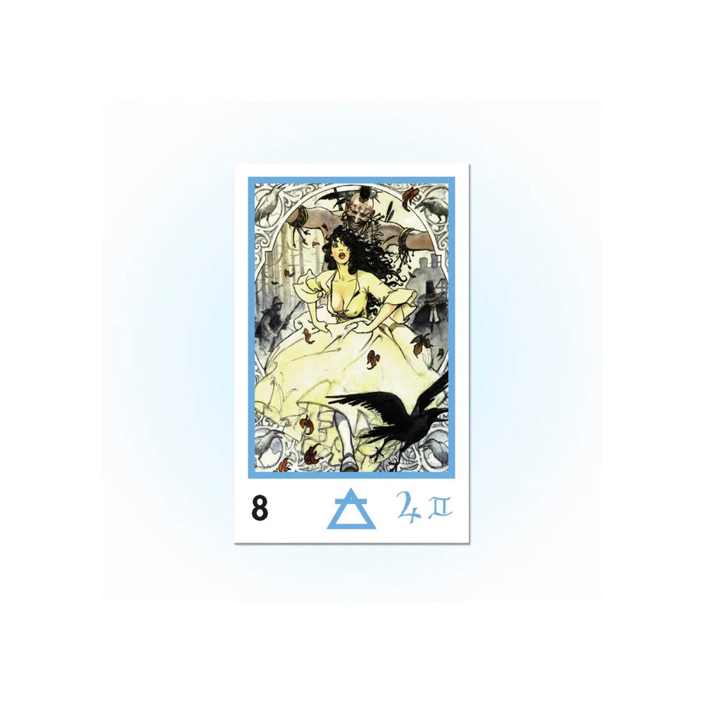 A tarot card centered on a white background, showing a vintage-style illustration with a woman in a flowing dress, birds, and the number 8 with a blue triangle and '2 II' at the bottom.