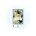 A tarot card centered on a white background, showing a vintage-style illustration with a woman in a flowing dress, birds, and the number 8 with a blue triangle and '2 II' at the bottom.