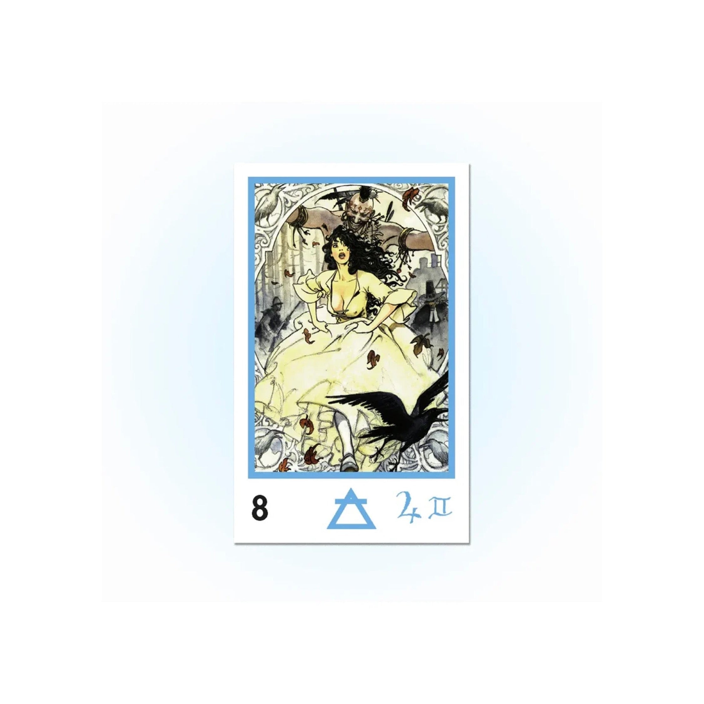 A tarot card centered on a white background, showing a vintage-style illustration with a woman in a flowing dress, birds, and the number 8 with a blue triangle and '2 II' at the bottom.