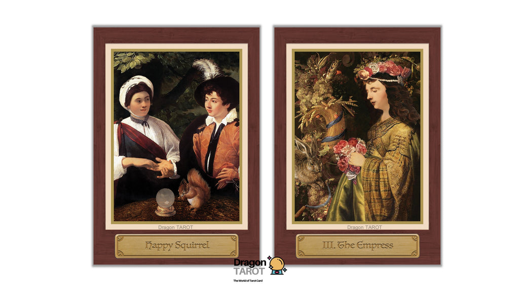 A set of two framed tarot art prints, 'Happy Squirrel' and 'III. The Empress', displayed side-by-side on a white background with a Dragon Tarot logo at the bottom.