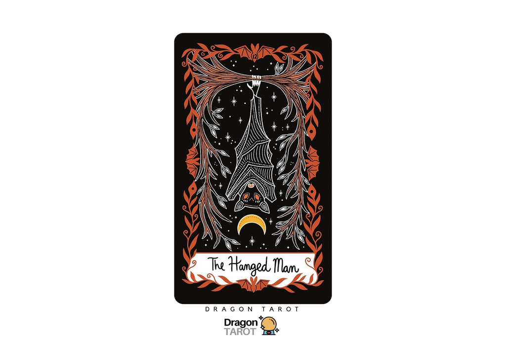 A tarot card titled 'The Hanged Man' from the Dragon Tarot deck, featuring a black background with white line art of a hanging figure and a crescent moon, accented with orange decorative borders. The Dragon Tarot logo is visible at the bottom.