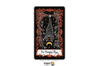 A tarot card titled 'The Hanged Man' from the Dragon Tarot deck, featuring a black background with white line art of a hanging figure and a crescent moon, accented with orange decorative borders. The Dragon Tarot logo is visible at the bottom.