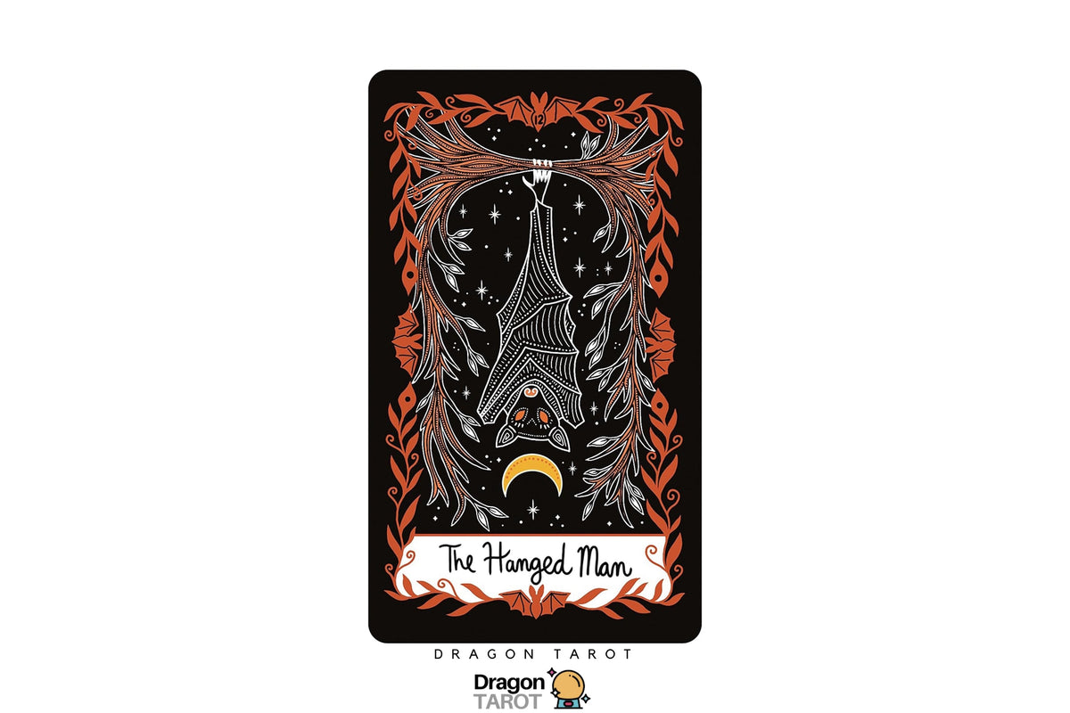 A tarot card titled 'The Hanged Man' from the Dragon Tarot deck, featuring a black background with white line art of a hanging figure and a crescent moon, accented with orange decorative borders. The Dragon Tarot logo is visible at the bottom.