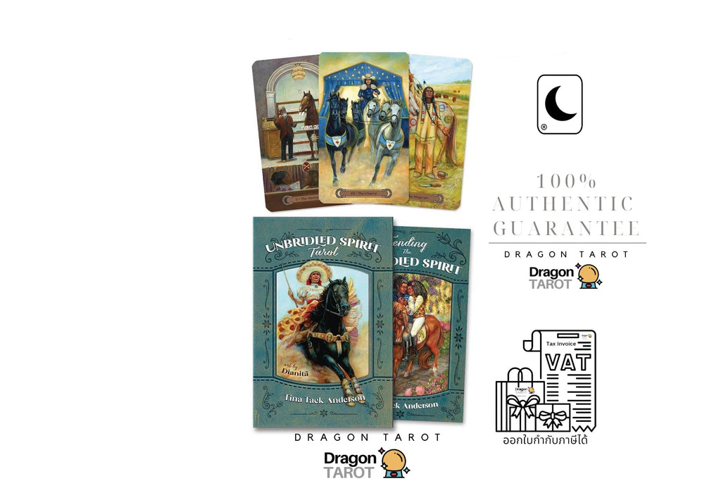 Dragon Tarot card deck packaging and card illustrations shown on a white background, including the front cover of a tarot deck, several sample cards, a moon icon, and text reading '100% Authentic Guarantee' plus the Dragon Tarot logo.