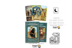 Dragon Tarot card deck packaging and card illustrations shown on a white background, including the front cover of a tarot deck, several sample cards, a moon icon, and text reading '100% Authentic Guarantee' plus the Dragon Tarot logo.