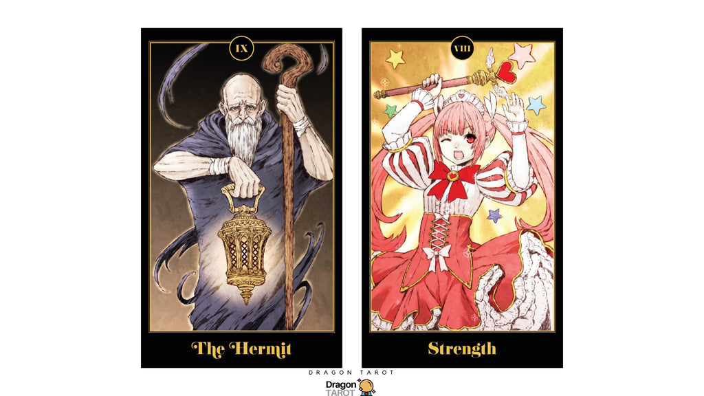 Two illustrated tarot-style cards shown side by side on a white background. The left card is labeled 'The Ternit' with a dark wizard holding a lantern and staff.