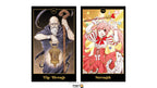 Two illustrated tarot-style cards shown side by side on a white background. The left card is labeled 'The Ternit' with a dark wizard holding a lantern and staff.