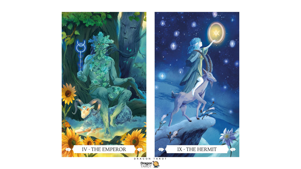 Two illustrated tarot-style cards shown side by side on a white background. The left card reads 'IV - THE EMPEROR' and shows a green stone-like figure seated in a forest with sunflowers and a goat.