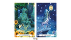 Two illustrated tarot-style cards shown side by side on a white background. The left card reads 'IV - THE EMPEROR' and shows a green stone-like figure seated in a forest with sunflowers and a goat.
