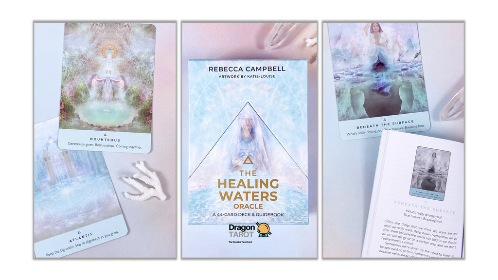 The Healing Waters Oracle deck book and cards by Rebecca Campbell, displayed in a clean, multi-panel layout. The central panel shows the book cover with its light blue and white design, flanked by panels displaying individual oracle cards and a booklet insert.