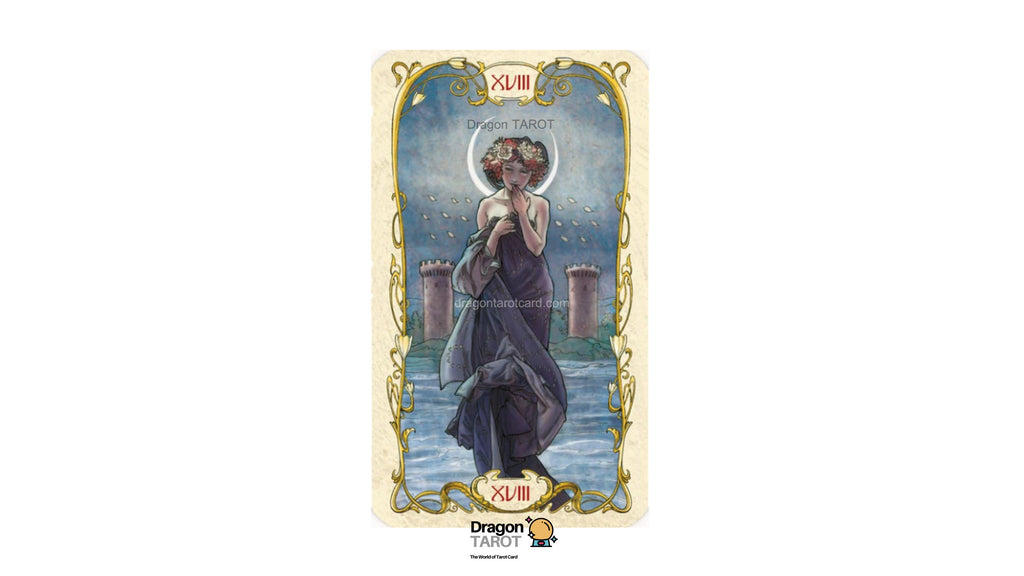XVIII Death Tarot card from the Dragon Tarot deck, featuring an illustration of a cloaked figure standing before a castle under a full moon, with ornate gold borders on a cream background.