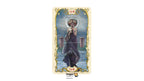 XVIII Death Tarot card from the Dragon Tarot deck, featuring an illustration of a cloaked figure standing before a castle under a full moon, with ornate gold borders on a cream background.