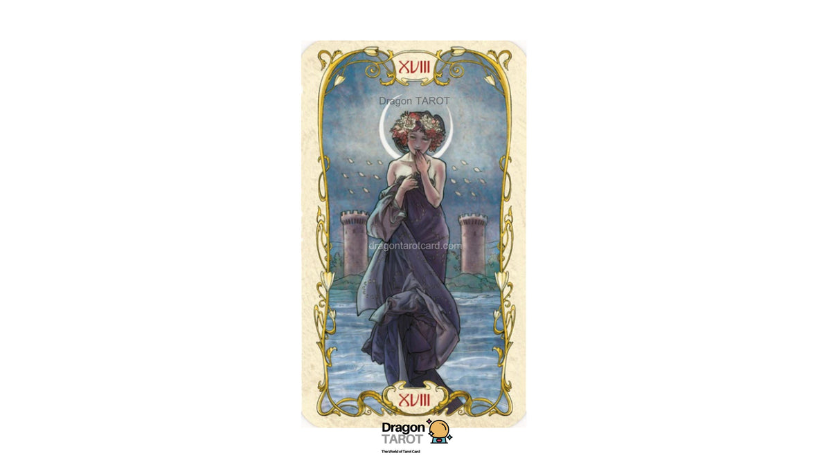 XVIII Death Tarot card from the Dragon Tarot deck, featuring an illustration of a cloaked figure standing before a castle under a full moon, with ornate gold borders on a cream background.