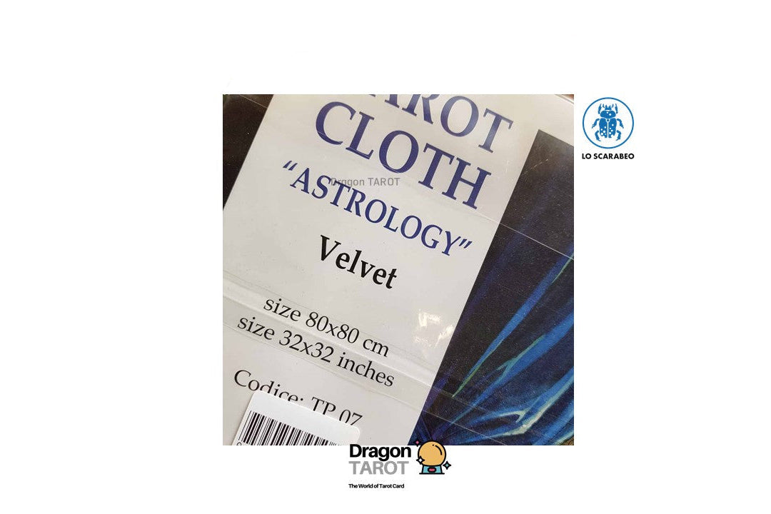 A package of Dragon Tarot 'Astrology' velvet cloth, size 80x80 cm, shown on a white background with brand logos and social media icons.