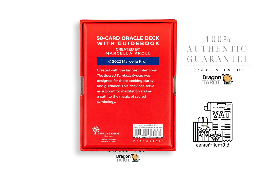 The back of a red Dragon Tarot 50-card oracle deck box with guidebook, shown on a white background with product details and a VAT refund illustration on the right.