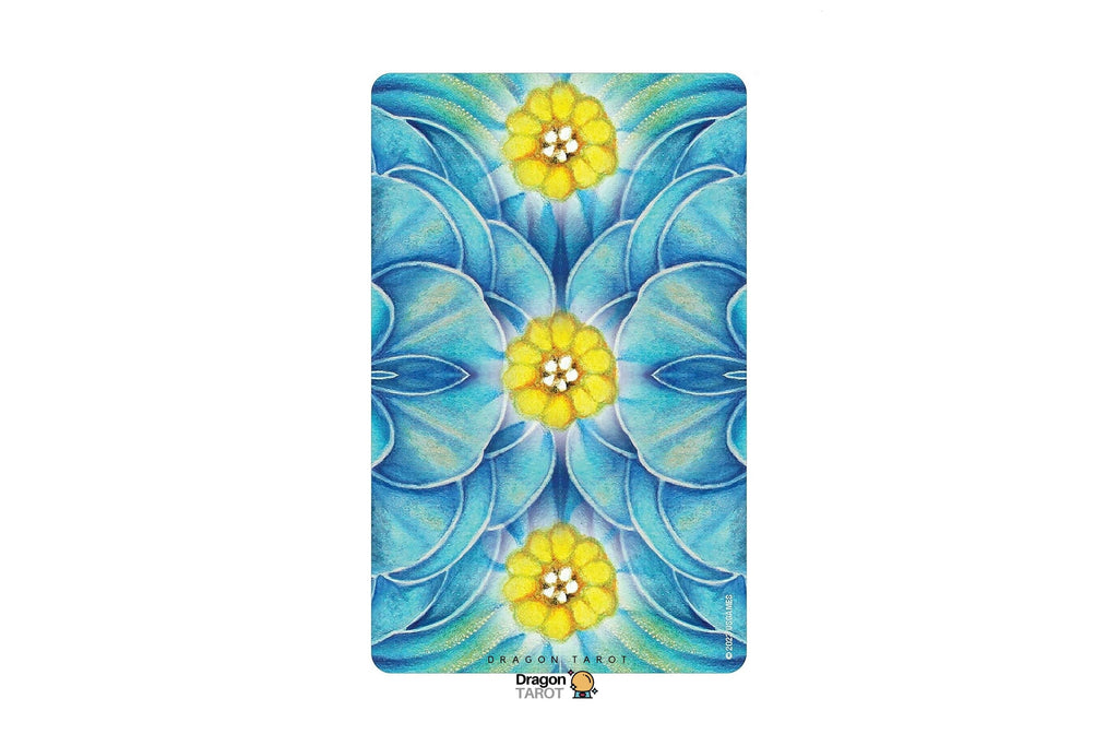 A rectangular tarot card featuring a symmetrical floral mandala design in shades of blue and teal with three yellow flowers at the center, shown on a white background with Dragon Tarot branding.