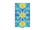 A rectangular tarot card featuring a symmetrical floral mandala design in shades of blue and teal with three yellow flowers at the center, shown on a white background with Dragon Tarot branding.