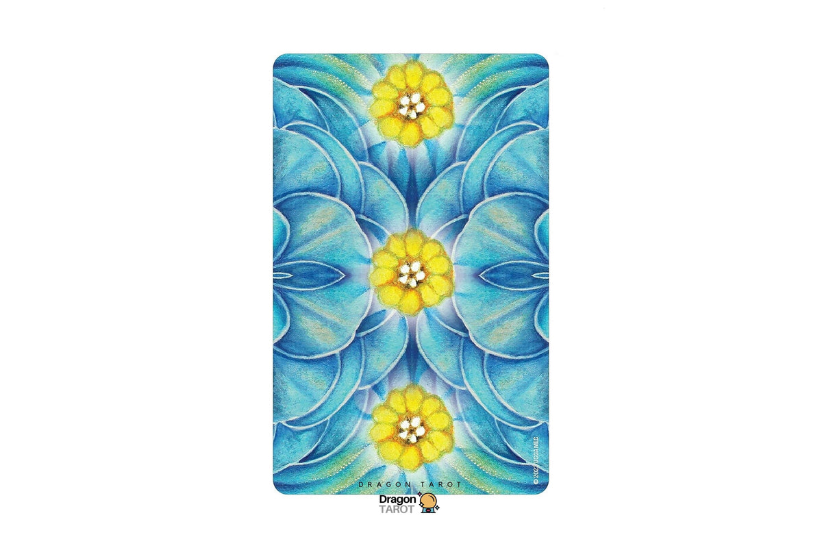A rectangular tarot card featuring a symmetrical floral mandala design in shades of blue and teal with three yellow flowers at the center, shown on a white background with Dragon Tarot branding.