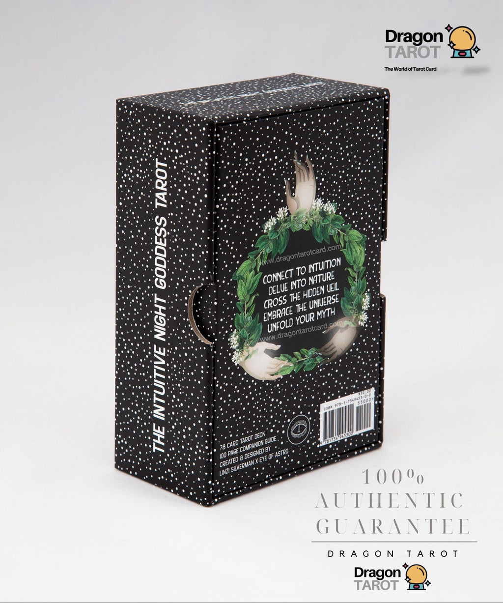 The Mutually Assured Goddess Tarot deck box by Dragon Tarot, featuring a black glittery exterior with a circular green and white illustration of a winged goddess figure on the front.