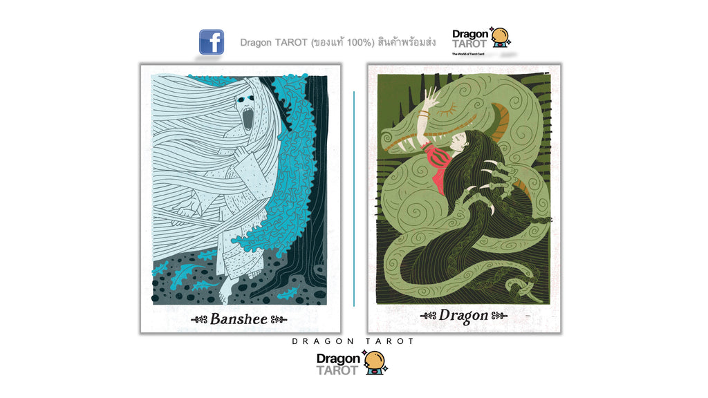 Two illustrated tarot card designs shown side by side on a white background, with Dragon TAROT branding at the top and bottom. The left card is labeled Banshee and features a blue-and-white ghostly figure.