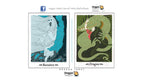 Two illustrated tarot card designs shown side by side on a white background, with Dragon TAROT branding at the top and bottom. The left card is labeled Banshee and features a blue-and-white ghostly figure.