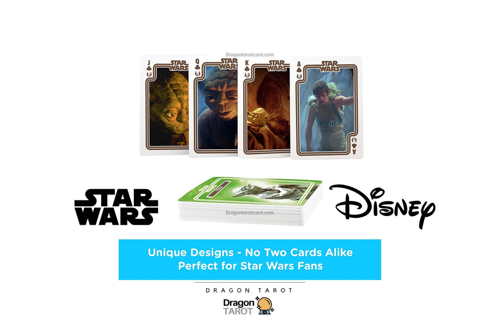 Star Wars and Disney themed Dragon Tarot card deck advertisement on a white background, showing four sample card designs, a stack of cards, and prominent Star Wars and Disney logos.